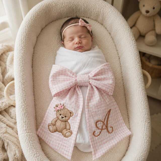 Custom Baby Girl Bear Embroidered Newborn Bow Sash, Teddy Gingham Swaddle, Sash For Picture, Shower Gift - image 1