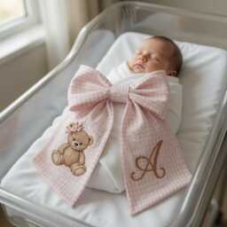 Custom Baby Girl Bear Embroidered Newborn Bow Sash, Teddy Gingham Swaddle, Sash For Picture, Shower Gift - thumbnail 2