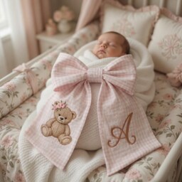 Custom Baby Girl Bear Embroidered Newborn Bow Sash, Teddy Gingham Swaddle, Sash For Picture, Shower Gift - thumbnail 3