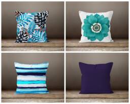 Floral Cushion Cover/Modern Blue Pillow Case/Housewarming Gift/Garden Cover/striped Cushions Cover/Leaf Decorated Pillowcase - thumbnail 1