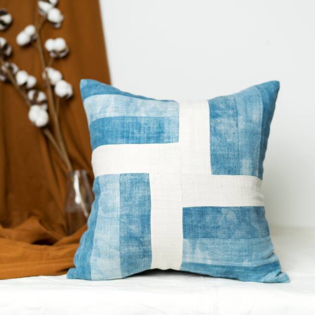 Blue & White Hemp Pillowcase - Handmade Vintage Cushion Case, Hmong Pillow Cover, Fabric Natural Tie Dye Covers - image 1