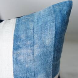 Blue & White Hemp Pillowcase - Handmade Vintage Cushion Case, Hmong Pillow Cover, Fabric Natural Tie Dye Covers - thumbnail 3