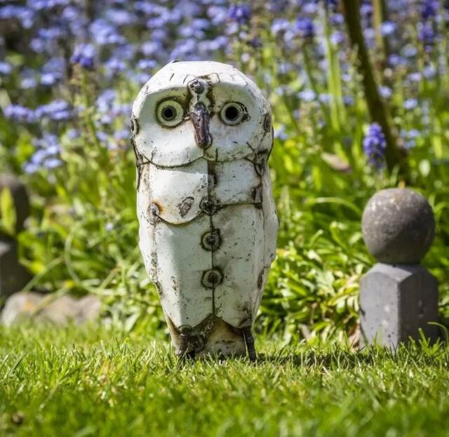 Recycled Metal White Owl - 2 Sizes. Handcrafted Handmade Outdoor Garden Sculpture. Owls. Gift - image 1