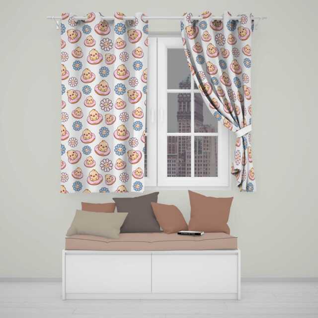 Cute Chick Donut Flower Kawaii Seamless Pattern Readymade Eyelet Ring Top Thermal 100% Blackout Curtains - image 1