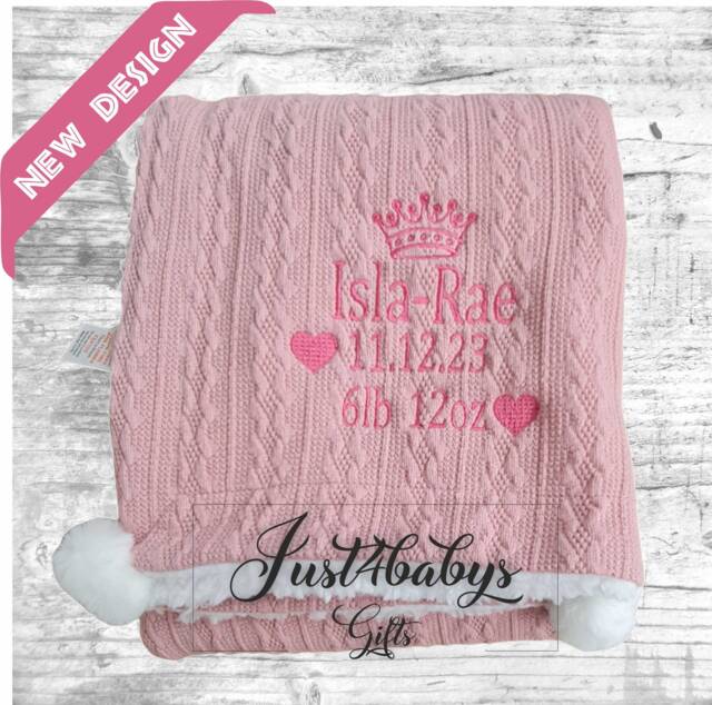 Personalised Embroidered Baby Cable Knit Pom Crown/Heart Design Blankets 90cm 4 Colors Super Soft - image 1