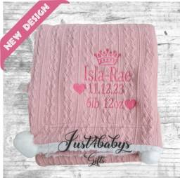 Personalised Embroidered Baby Cable Knit Pom Crown/Heart Design Blankets 90cm 4 Colors Super Soft - thumbnail 1