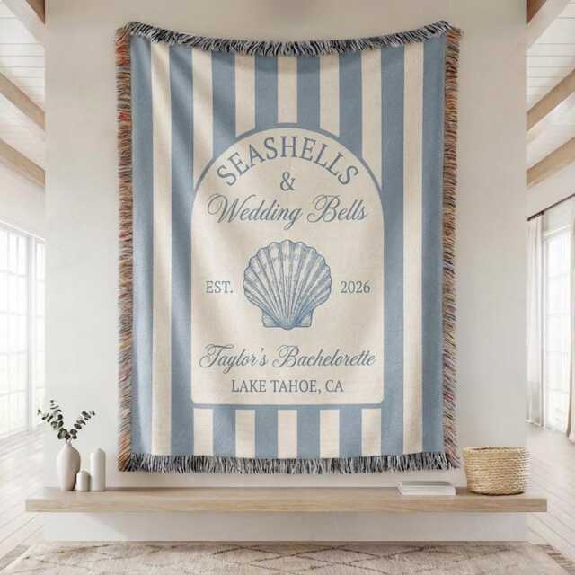Custom Seashells & Wedding Bells Woven Blanket, Bachelorette Throw, Coast Bridal Shower Throw Bach Decor Keepsake, Hen Party - image 1