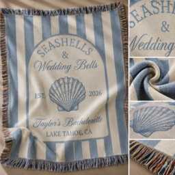Custom Seashells & Wedding Bells Woven Blanket, Bachelorette Throw, Coast Bridal Shower Throw Bach Decor Keepsake, Hen Party - thumbnail 4