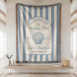 Custom Seashells & Wedding Bells Woven Blanket, Bachelorette Throw, Coast Bridal Shower Throw Bach Decor Keepsake, Hen Party - thumbnail 1
