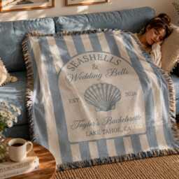 Custom Seashells & Wedding Bells Woven Blanket, Bachelorette Throw, Coast Bridal Shower Throw Bach Decor Keepsake, Hen Party - thumbnail 3