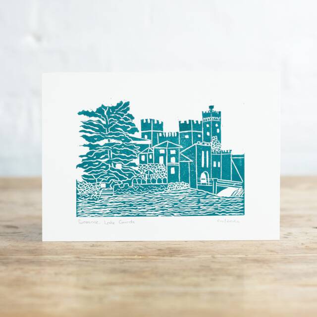 Handprinted Linocut Sirmione Castle, Lake Garda Art Print - image 1