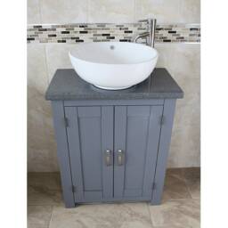 Grey Oak Bathroom Vanity Unit - Quartz Top, Ceramic Basin - thumbnail 2