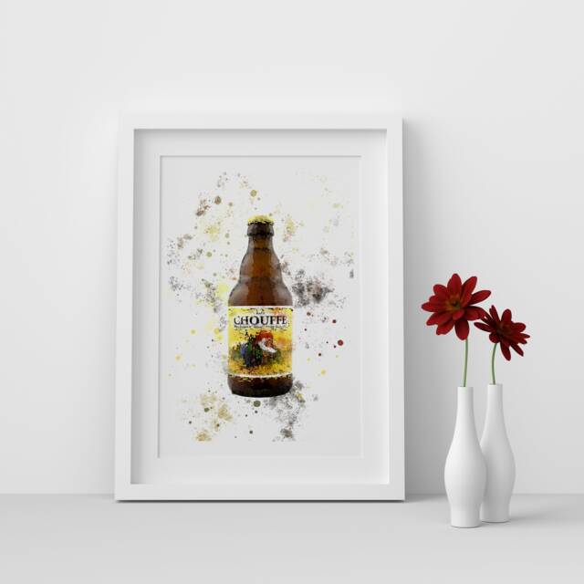 La Chouffe Bottle Watercolour Splash A3, A4, 10x8, 8x6, 5x7 & 4x6 Wall Art Prints