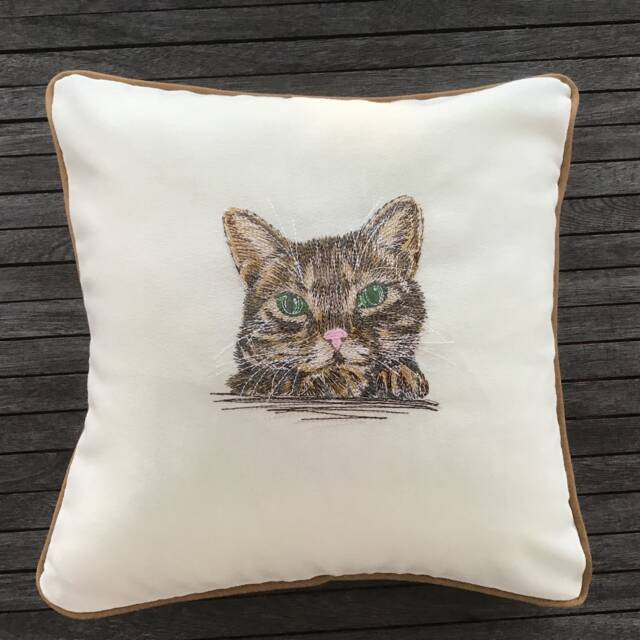 Embroidered Cat Cushion Cover Cream Wool Crepe, Copper Piping - image 1