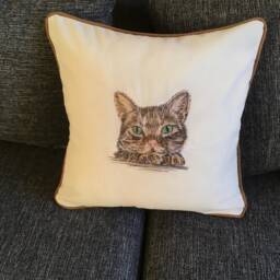 Embroidered Cat Cushion Cover Cream Wool Crepe, Copper Piping - thumbnail 2