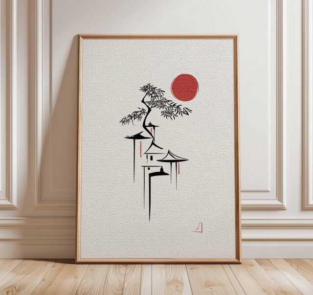 Minimalist Japanese Pagoda Art Print, Zen Red Sun Wall Poster, Ink Line Artwork - image 1
