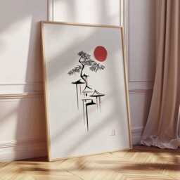 Minimalist Japanese Pagoda Art Print, Zen Red Sun Wall Poster, Ink Line Artwork - thumbnail 2