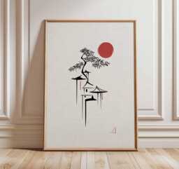 Minimalist Japanese Pagoda Art Print, Zen Red Sun Wall Poster, Ink Line Artwork - thumbnail 1