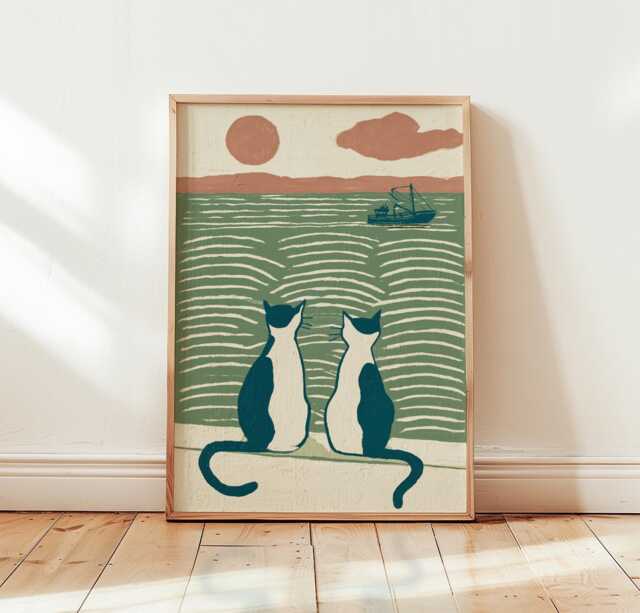 Coastal Cats Poster, Seaside Cat Print, Nautical Wall Art - image 1