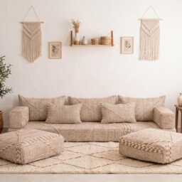 Cotton Moroccan Floor Couch Cover Set Beige Zanafi Sofa - Unstuffed - thumbnail 2