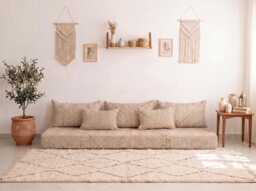 Cotton Moroccan Handmade Beige Zanafi Floor Couch Set Boho Seating Set