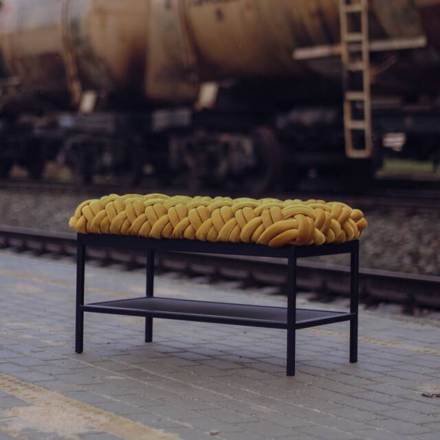 Woven Mustard Velvet Bench With Black Metal Shoe Rack - image 1
