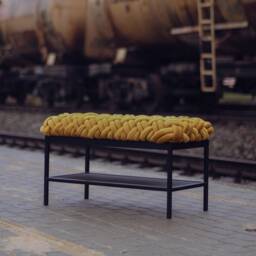 Woven Mustard Velvet Bench With Black Metal Shoe Rack - thumbnail 1