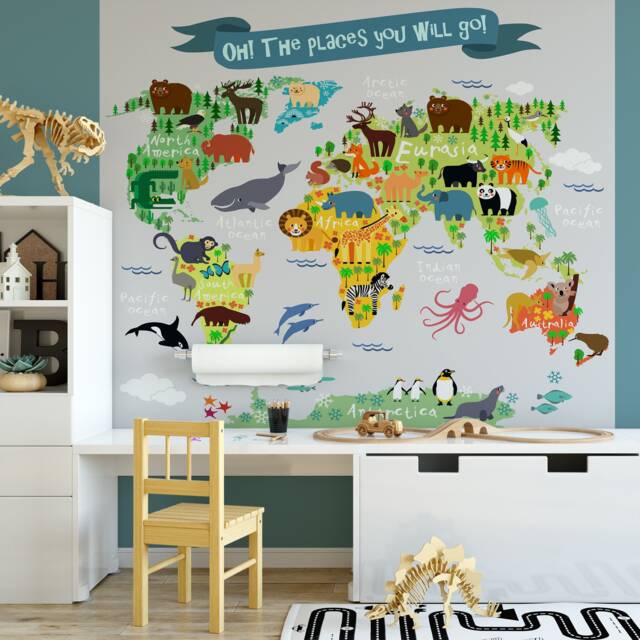 Oh The Places You Will Go Wall Mural Kids World Atlas Map With Animals Fabric - Vinyl Decal Wallpaper Children Map Continents Decor 3 - image 1