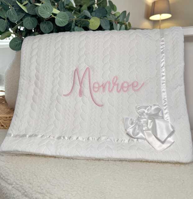 Personalised White Chevron Baby Blanket - Knit Wrap With Satin Bow, Sherpa Back, Custom Newborn Gift- Keepsake - Thoughtful Gift - image 1