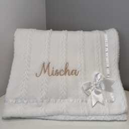 Personalised White Chevron Baby Blanket - Knit Wrap With Satin Bow, Sherpa Back, Custom Newborn Gift- Keepsake - Thoughtful Gift - thumbnail 3