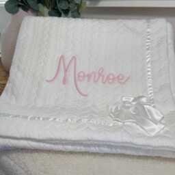 Personalised White Chevron Baby Blanket - Knit Wrap With Satin Bow, Sherpa Back, Custom Newborn Gift- Keepsake - Thoughtful Gift - thumbnail 2