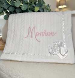 Personalised White Chevron Baby Blanket - Knit Wrap With Satin Bow, Sherpa Back, Custom Newborn Gift- Keepsake - Thoughtful Gift