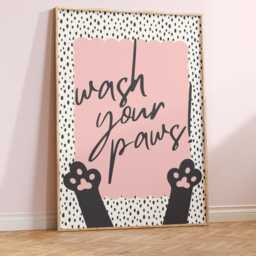 Wash Your Paws - Wall Print, Poster, Humour, Bathroom Decor, Pink, Slogan Groovy, Cat, Polka, Pastel 5x7/A5/A4/A3/A2/8x10 - thumbnail 2