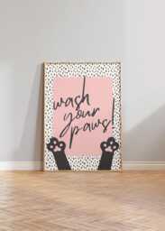 Wash Your Paws - Wall Print, Poster, Humour, Bathroom Decor, Pink, Slogan Groovy, Cat, Polka, Pastel 5x7/A5/A4/A3/A2/8x10 - thumbnail 1