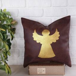 Gold Angel Vegan Leather Pillow Cover - Modern Christmas Decor - thumbnail 2