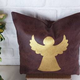 Gold Angel Vegan Leather Pillow Cover - Modern Christmas Decor - thumbnail 3