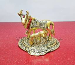 Kamdhenu Cow & Calf Statue , Gold Plated - thumbnail 1