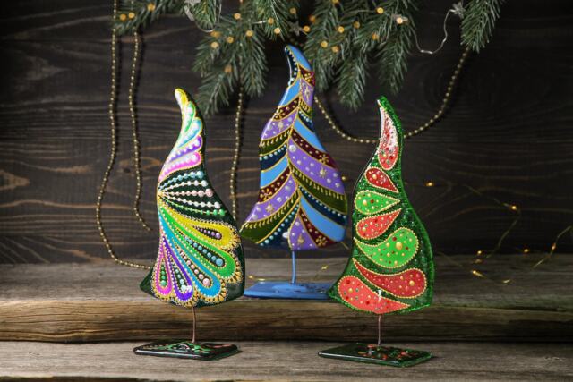 Christmas Tree Fused Glass Colorful Figurine Painted Art Modern Gift - image 1