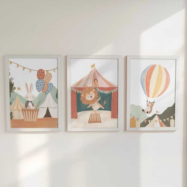 Circus Animal Nursery Prints, Set Of 3 Whimsical Folk Decor, Lion Kids Wall Art Unisex Optional Frame, Balloon Personalised Playroom Posters - image 1
