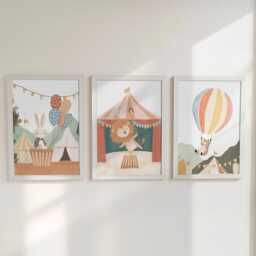 Circus Animal Nursery Prints, Set Of 3 Whimsical Folk Decor, Lion Kids Wall Art Unisex Optional Frame, Balloon Personalised Playroom Posters - thumbnail 1
