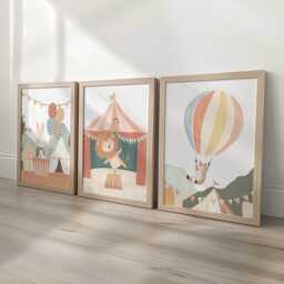 Circus Animal Nursery Prints, Set Of 3 Whimsical Folk Decor, Lion Kids Wall Art Unisex Optional Frame, Balloon Personalised Playroom Posters - thumbnail 3