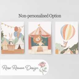 Circus Animal Nursery Prints, Set Of 3 Whimsical Folk Decor, Lion Kids Wall Art Unisex Optional Frame, Balloon Personalised Playroom Posters - thumbnail 2