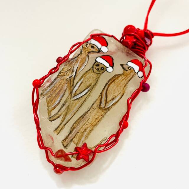 Hand-Painted Sea Glass Christmas Ornament Santa Hat Meerkats - image 1