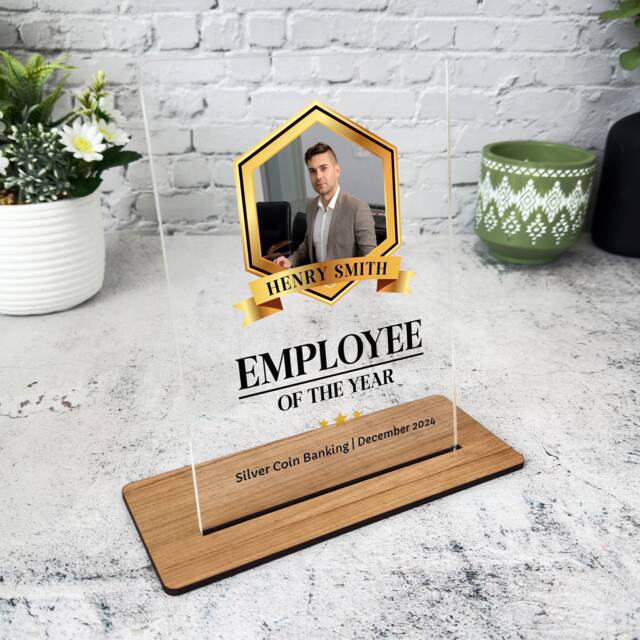 Employee Of The Year Gold Frame Photo Gift Personalised Plaque - Acrylic Plaque, Thank You Present - image 1