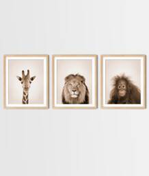 Safari Animal Prints - Set Of 3 Giraffe, Lion, Monkey Kids Wall Art - thumbnail 1