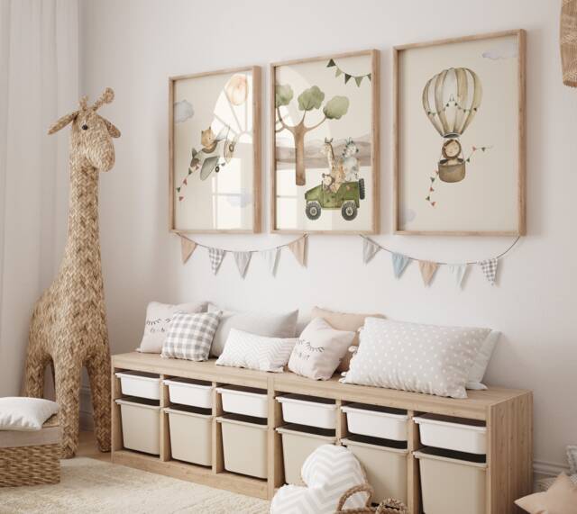 Wall Picture Set Of 3 Posters P722/Safari Adventure Hot Air Balloon Airplane Car Children's Room Decoration Pictures - image 1