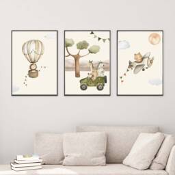 Wall Picture Set Of 3 Posters P722/Safari Adventure Hot Air Balloon Airplane Car Children's Room Decoration Pictures - thumbnail 3