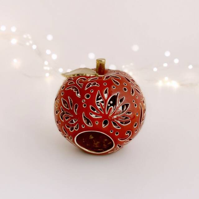 Fall Centerpiece - Carved Clay Apple Candle Holder Or Tealight Lantern For Your Fall Candles - image 1