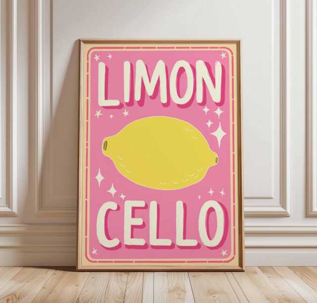 Vibrant Limoncello Art Print, Funky Bar Poster, Mid-Century Modern Kitchen Decor, Italian Foodie Wall Art, Pink & Yellow Gallery - image 1