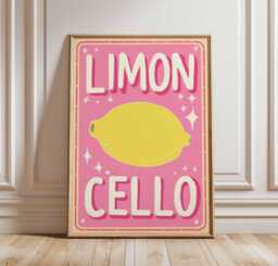 Vibrant Limoncello Art Print, Funky Bar Poster, Mid-Century Modern Kitchen Decor, Italian Foodie Wall Art, Pink & Yellow Gallery - thumbnail 1